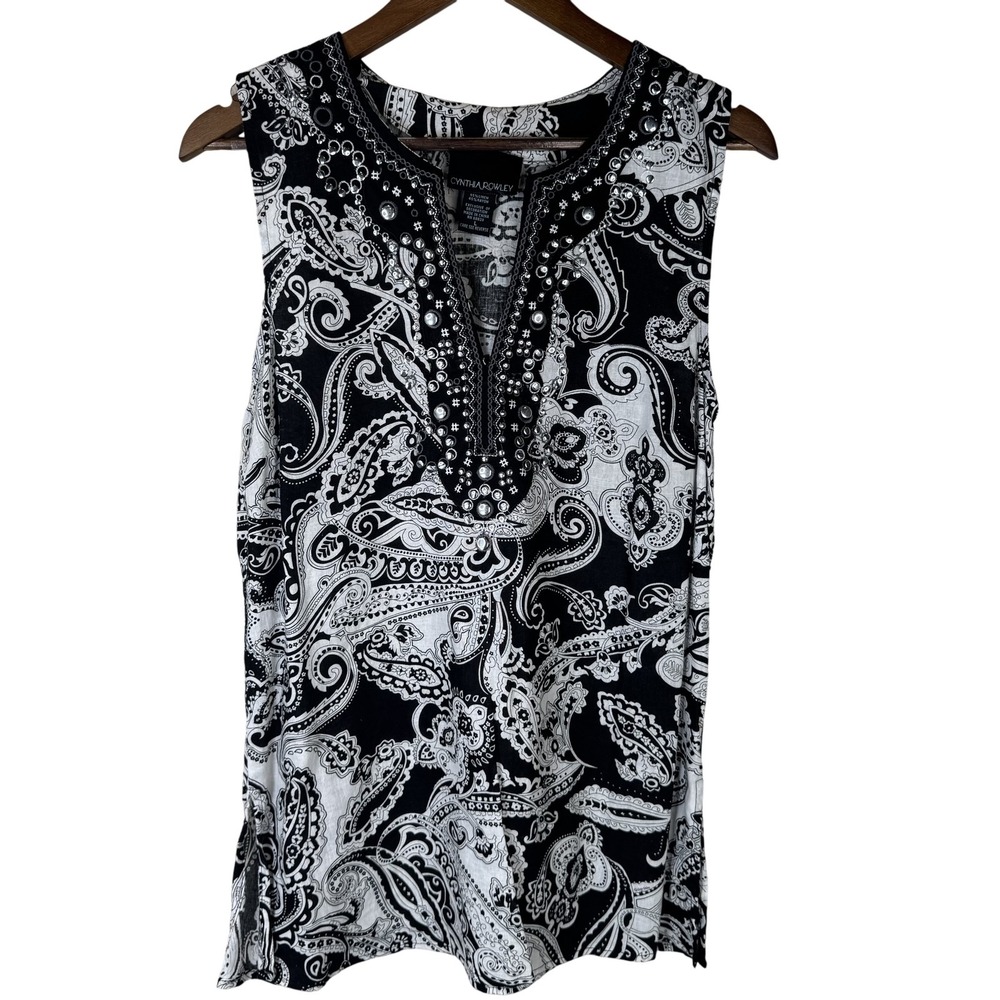 Cynthia Rowley Tank Top Womens Large Paisley Linen Blend Studded Boho Festival T